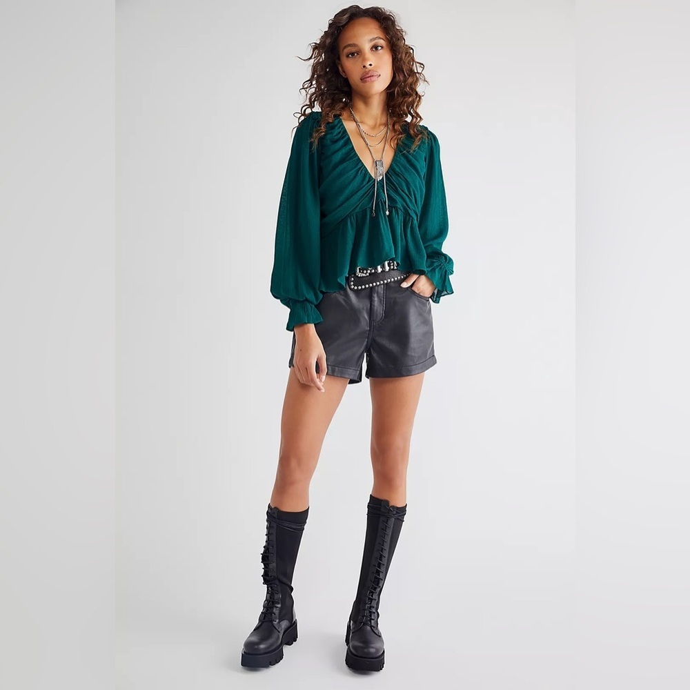 NWT Free People Teal Textured Peasant Daia Top Small